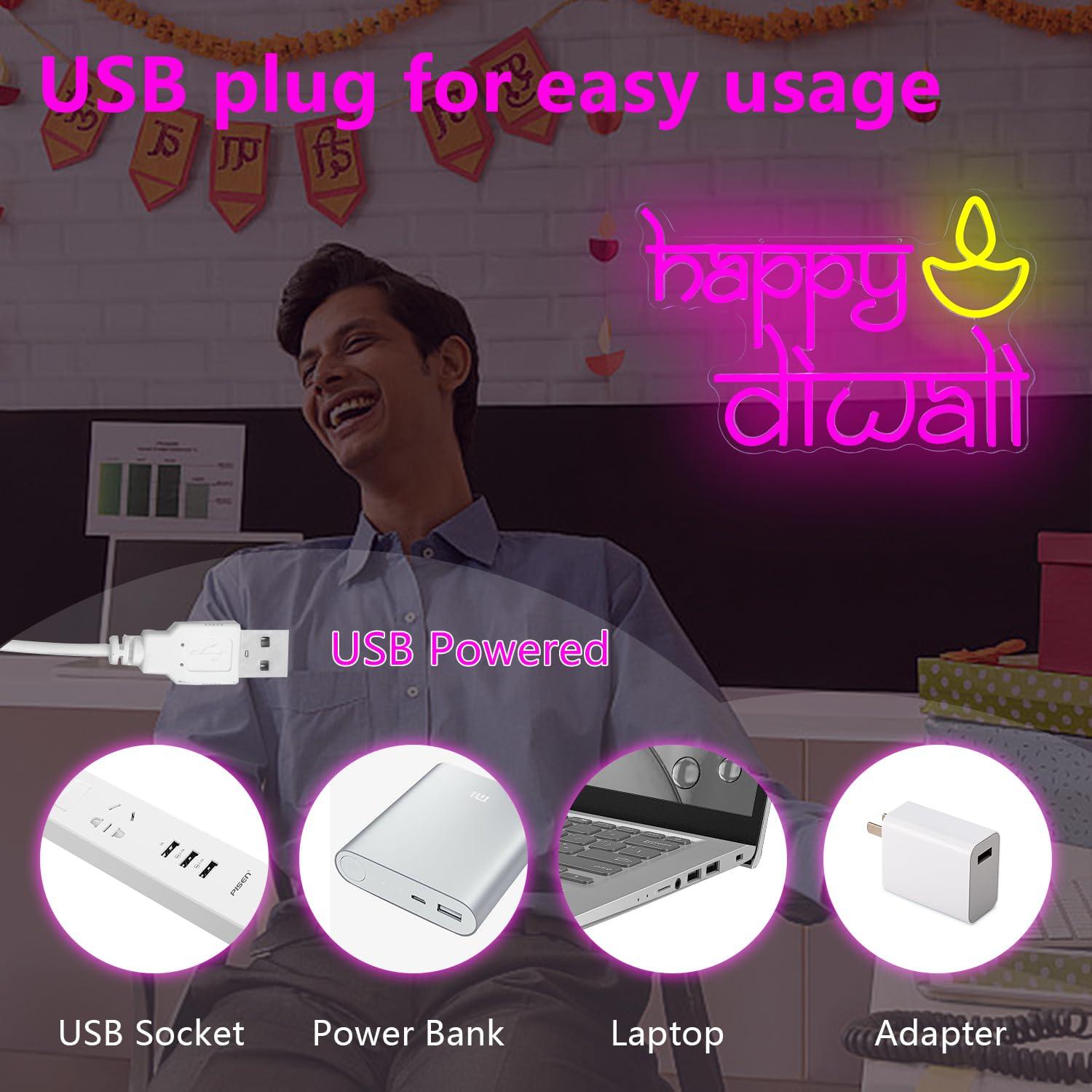 Happy Diwali Neon Sign USB Pow - Home Decor Gift บทวิจารณ์และราคา