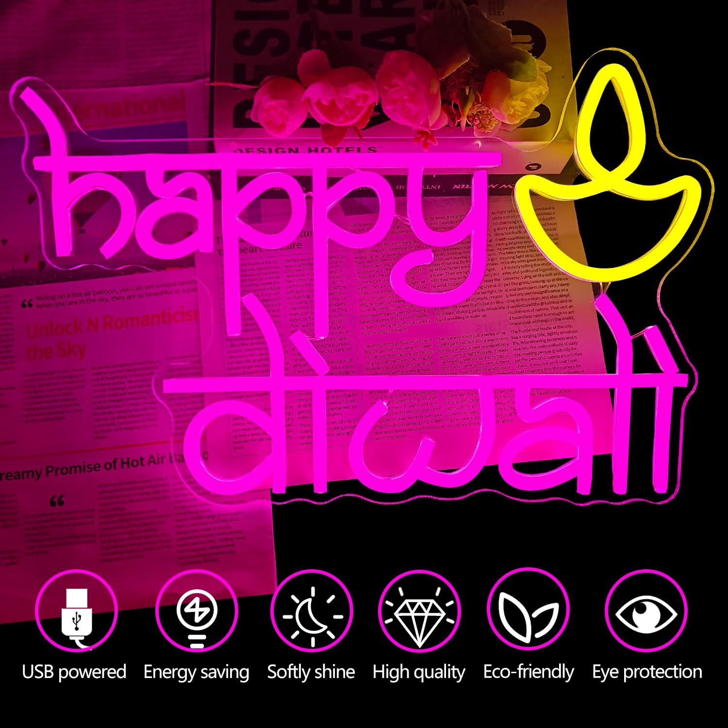 Happy Diwali Neon Sign USB Pow - Home Decor Gift บทวิจารณ์และราคา