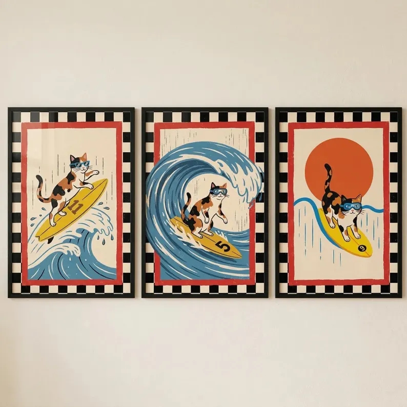 3pcs Retro Japanese Wave Cat S - Home Decor Japanese บทวิจารณ์และราคา