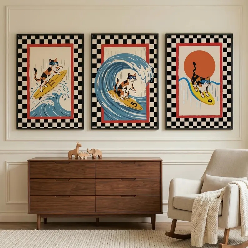 3pcs Retro Japanese Wave Cat S - Home Decor Japanese บทวิจารณ์และราคา