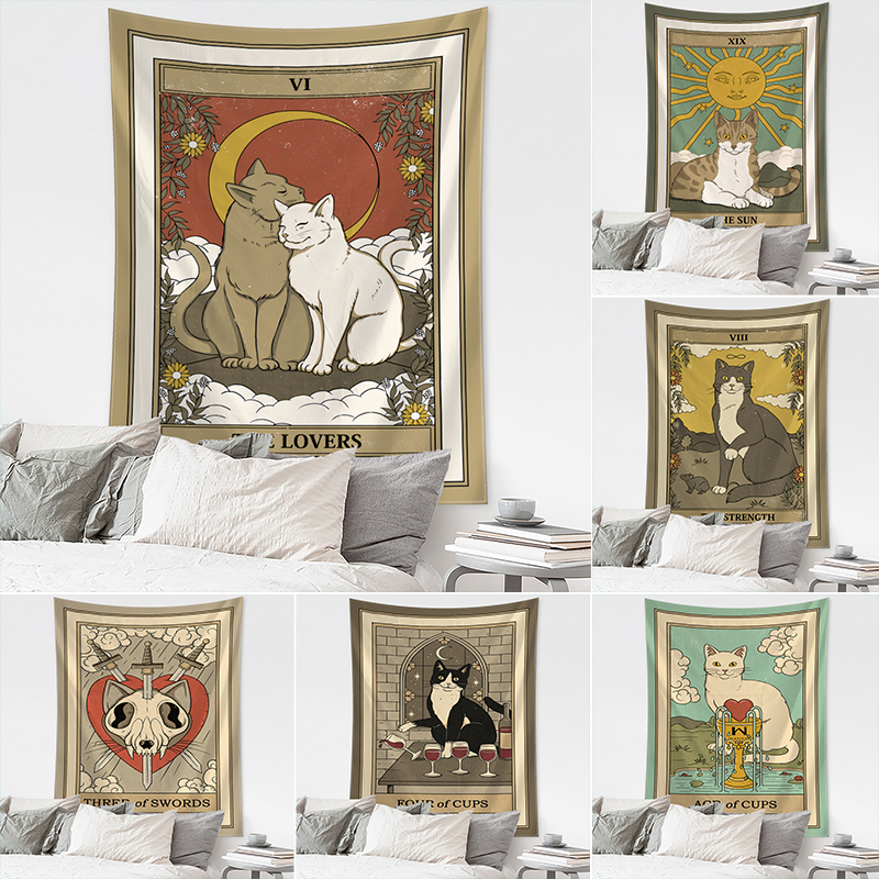 Cartoon Cat Tarot Tapestry Wal - Home Decor Hippie บทวิจารณ์และราคา